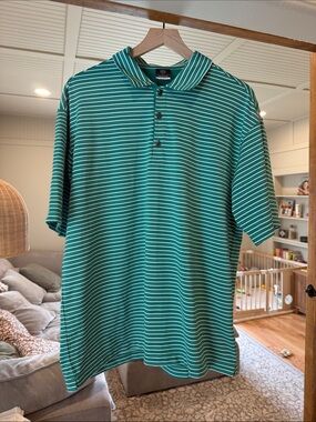 Nike Teal Green and White Striped Polo
